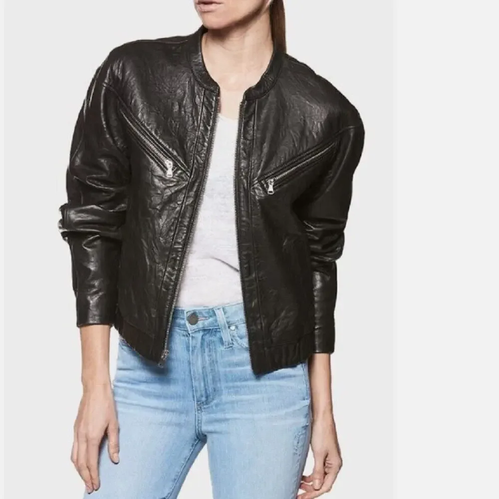 *PAIGE Gianna Cropped Crinkle Leather Moto Jacket SZ S